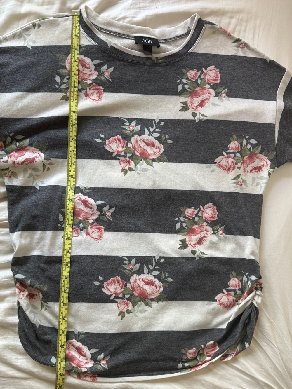 AGB Floral Striped Top XL Long Sleeve Crewneck Gray Cream Rose - Picture 5 of 6